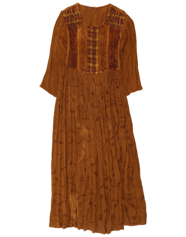 Vestido maxi feminino vintage manga 3/4 Reino Unido 10 pequeno marrom paisley