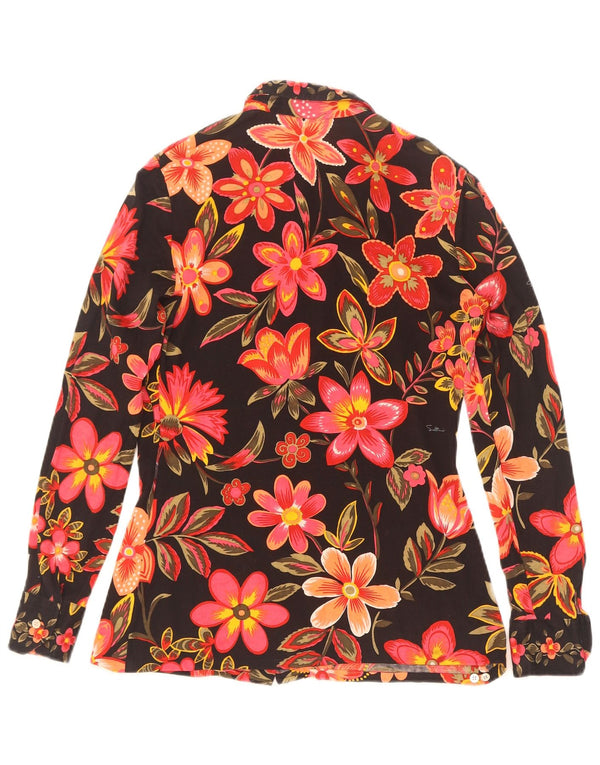 Blusa feminina vintage UK 12 algodão floral preto médio