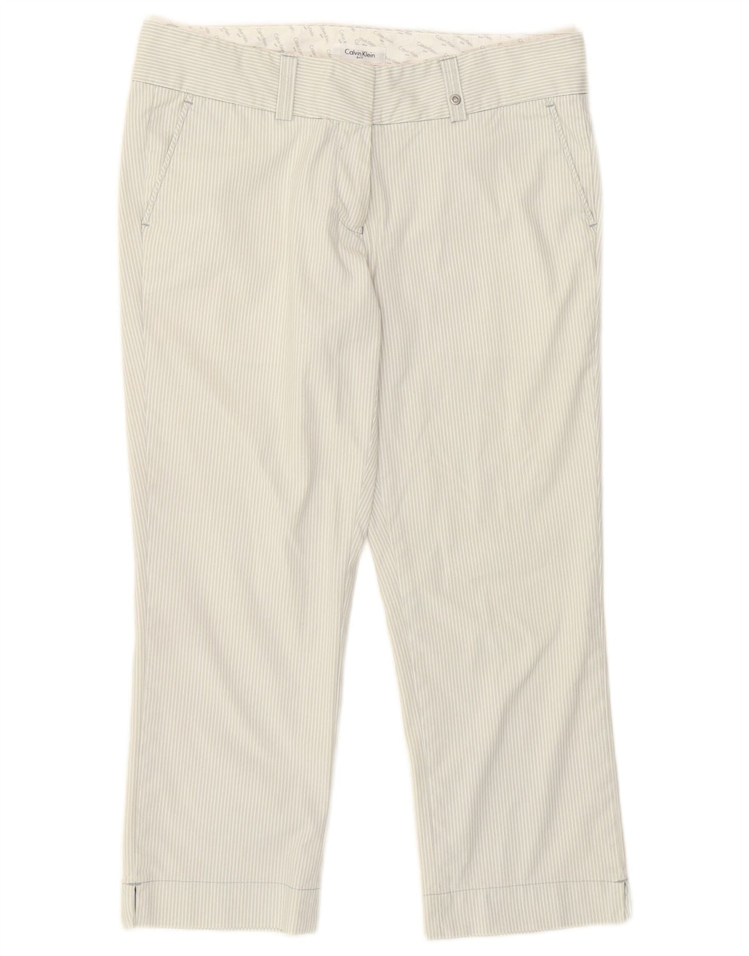Calça cropped feminina Calvin Klein para golfe US 12 médio W30 L23 cinza listrado