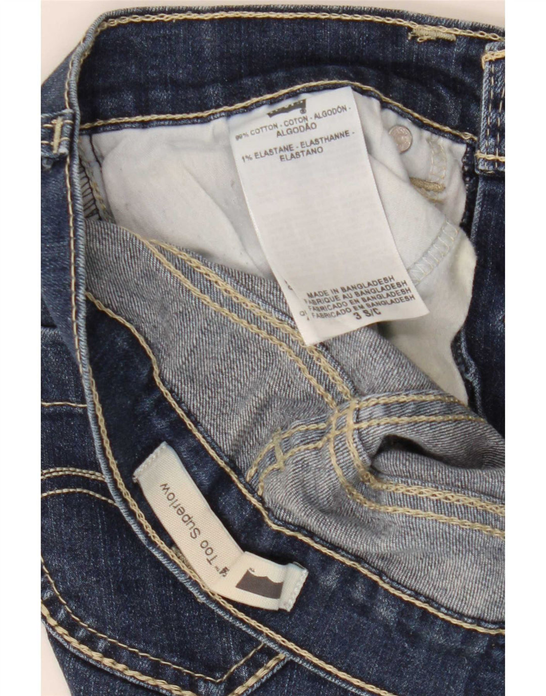 Shorts jeans feminino Levi's 524 Super Low EUA 3 pequeno W26 algodão azul marinho