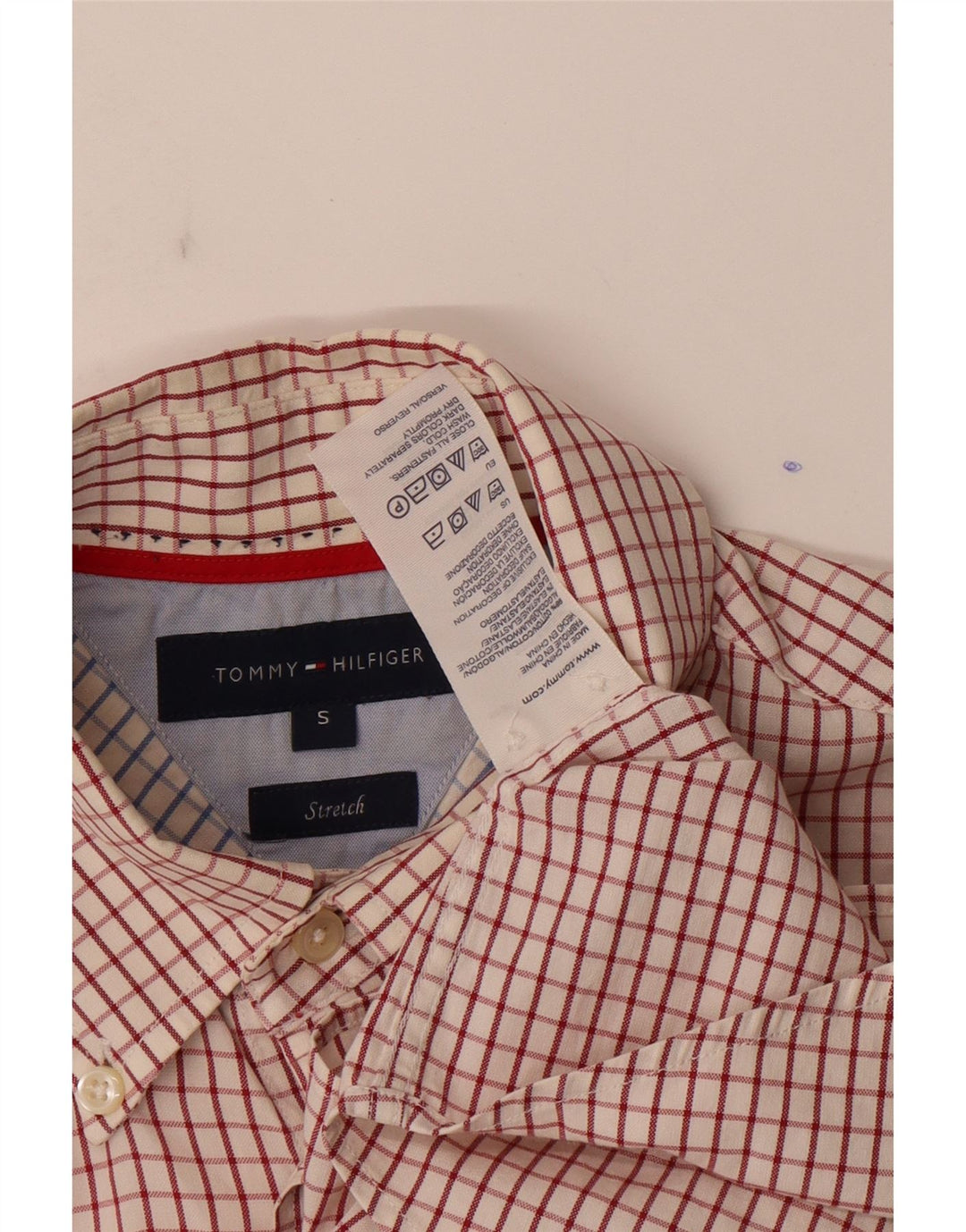 Camisa masculina Tommy Hilfiger pequena xadrez vermelha de algodão