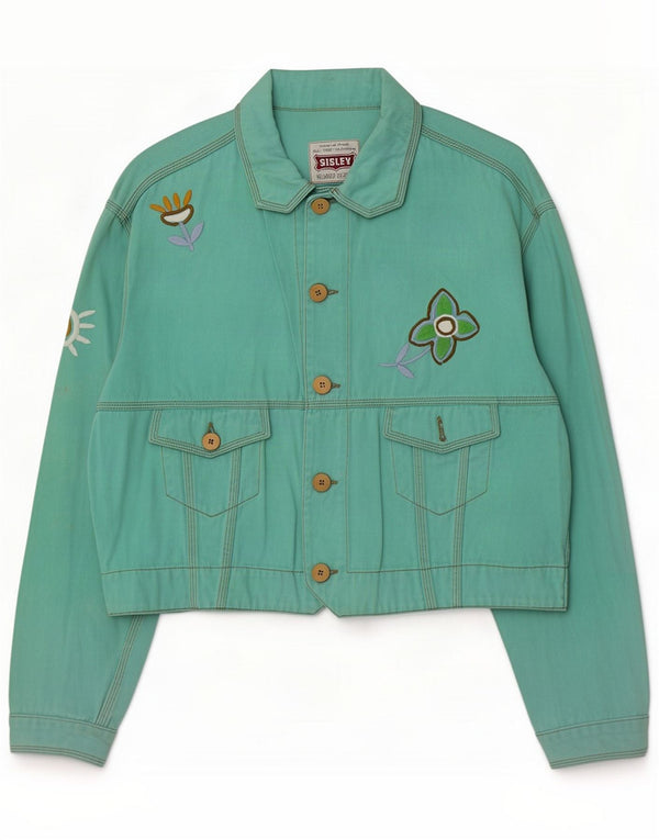 Sisley Womens Relaxed Fit Denim Jacket UK 14 Grande Verde Floral Retro