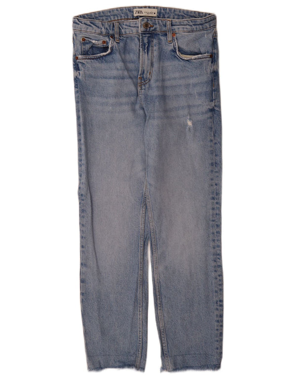 Zara Calça jeans feminina cintura alta desgastada reta UE 38 pequena W28 L27 azul