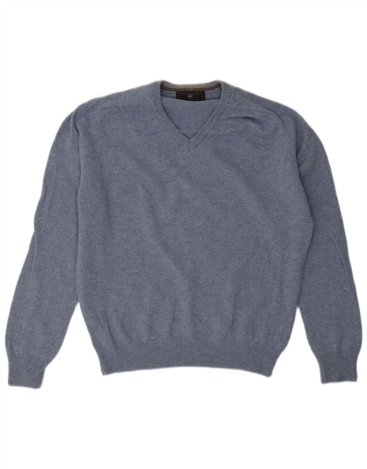 Suéter masculino Marks & Spencer com ajuste regular e decote em V de lã azul médio