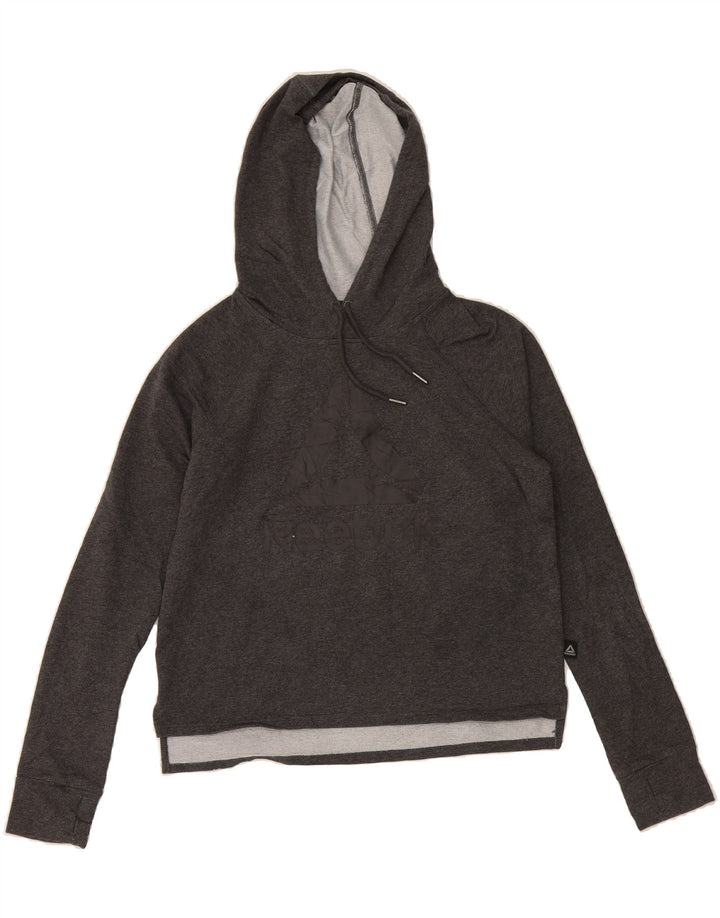 REEBOK Womens Graphic Hoodie Jumper UK 10 Small Grey Cotton Vintage Reebok and Second-Hand Reebok from Messina Hembry 