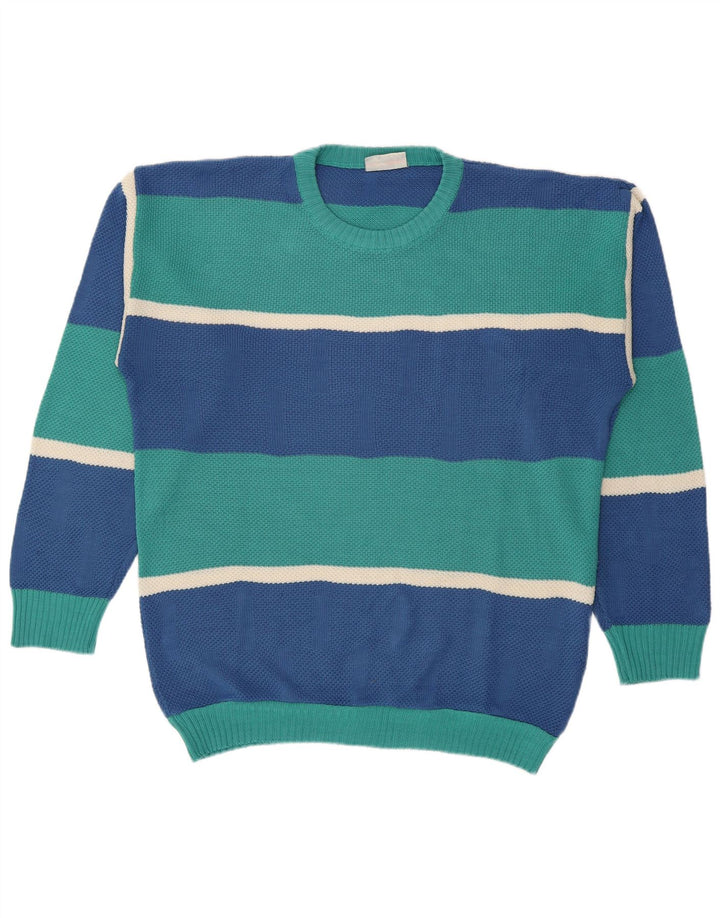 Suéter vintage masculino com gola redonda grande listrado azul