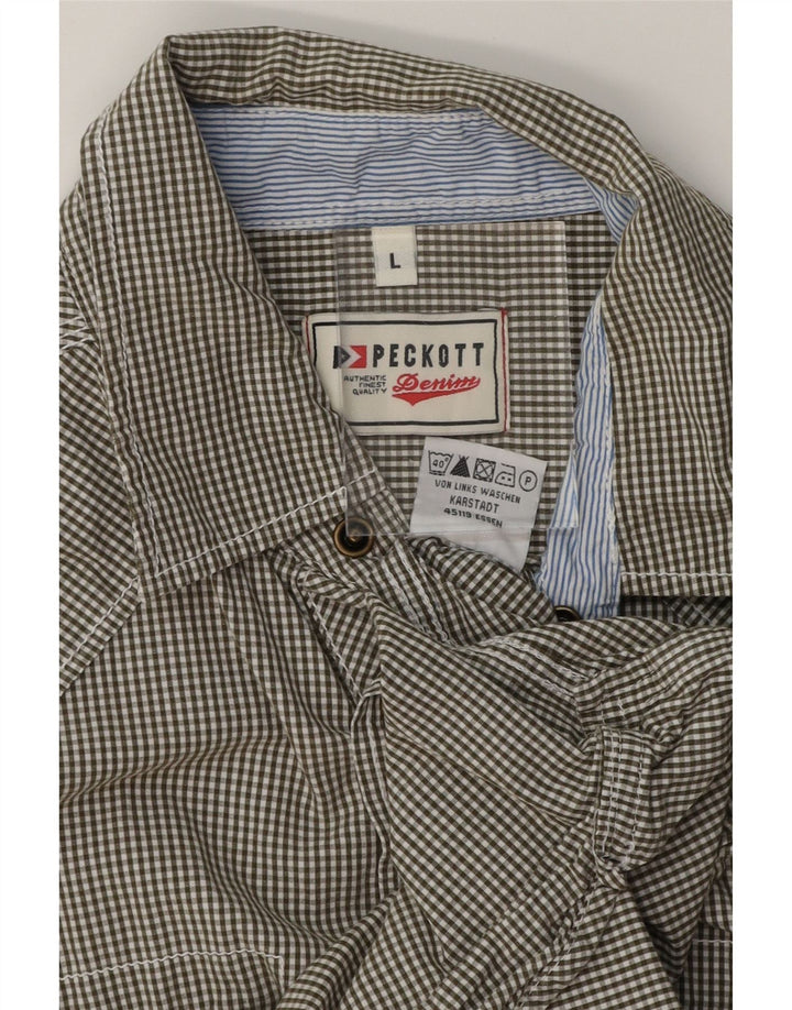 PECKOTT Mens Graphic Short Sleeve Shirt Large Khaki Gingham Cotton Vintage Peckott and Second-Hand Peckott from Messina Hembry 