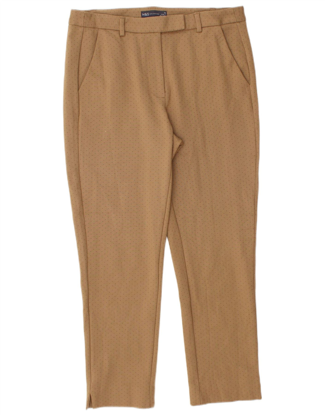 Calças cortadas femininas Marks & Spencer UK 12 médio W32 L25 bege manchado