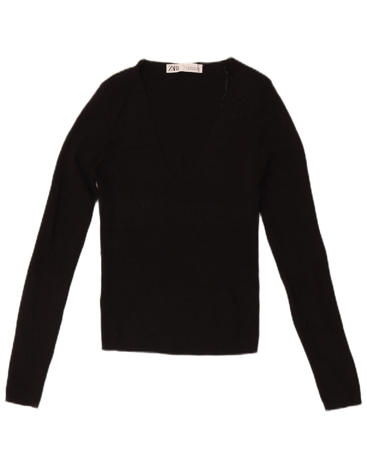 Zara Crop Top Feminino Manga Longa Reino Unido 12 Médio Preto Viscose