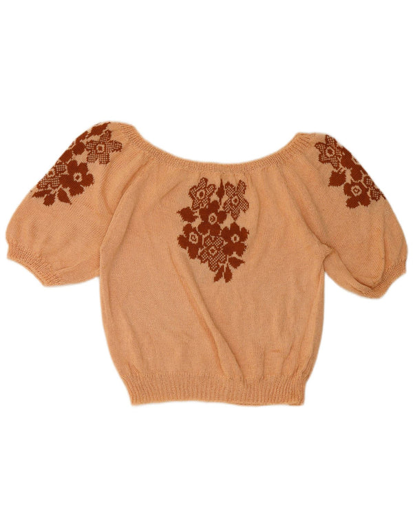 Top feminino vintage de malha com ombros de fora UK 14 médio rosa floral