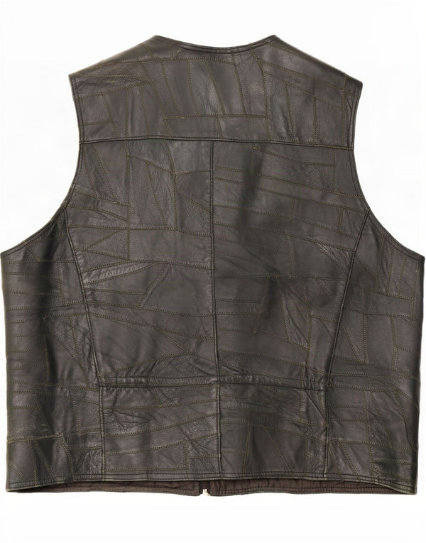 Colete utilitário de couro masculino vintage UK 46 3XL patchwork preto