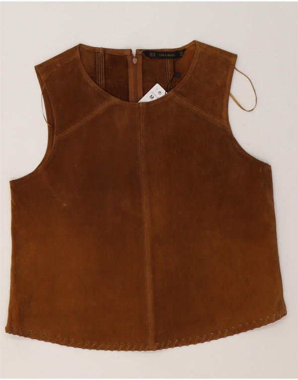 Blusa feminina de camurça sem mangas Zara Reino Unido 14 couro marrom médio
