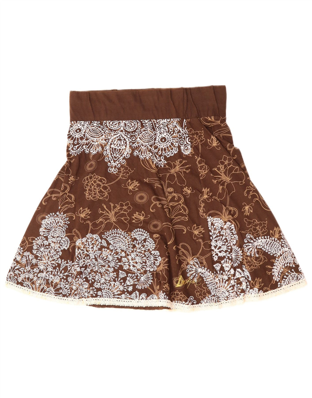 DESIGUAL Saia feminina cintura alta evasê grande W30 algodão floral marrom
