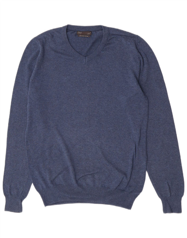 Suéter masculino Marks & Spencer com decote em V de algodão azul médio