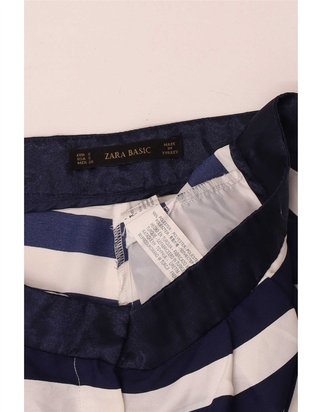 Shorts chino feminino Zara pequeno W26 poliéster listrado azul marinho