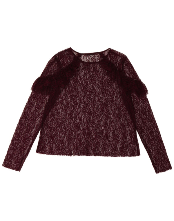 Top feminino Zara de manga comprida transparente Reino Unido 12 médio Borgonha floral