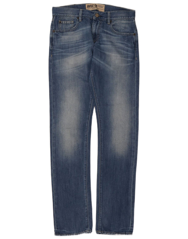 Rifle feminino reto jeans W28 L33 algodão azul