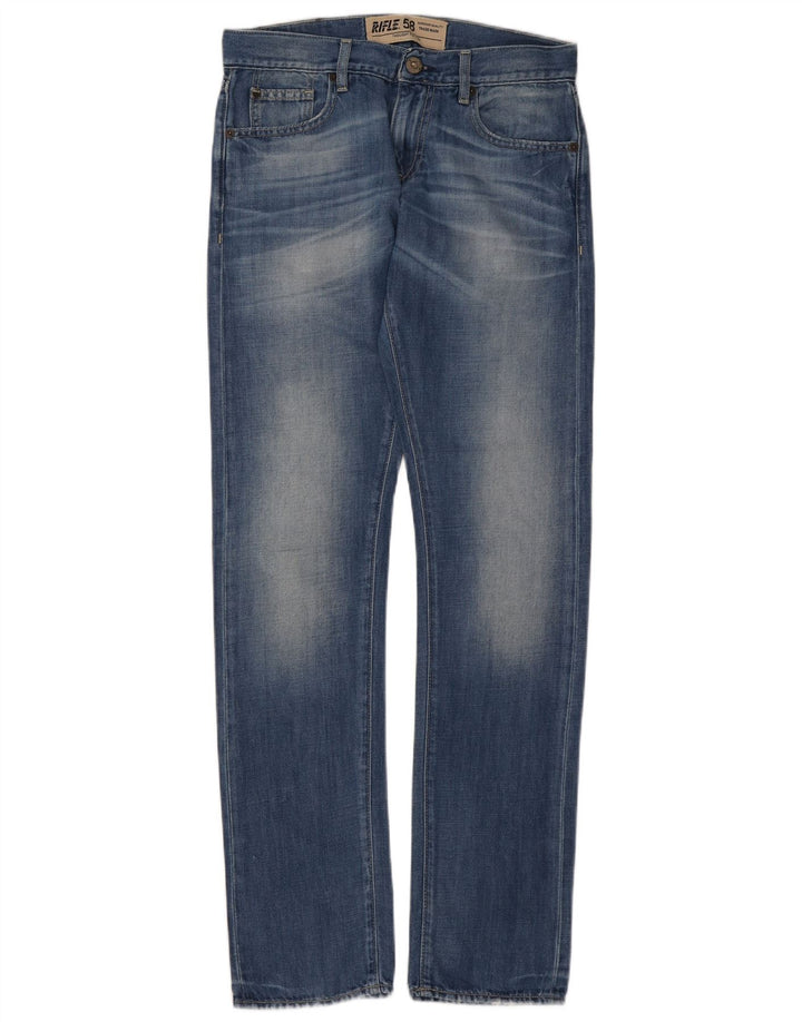 Rifle feminino reto jeans W28 L33 algodão azul