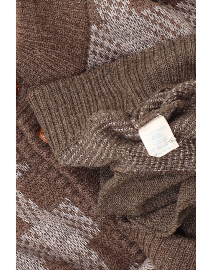 Suéter cardigã masculino vintage acrílico xadrez marrom médio