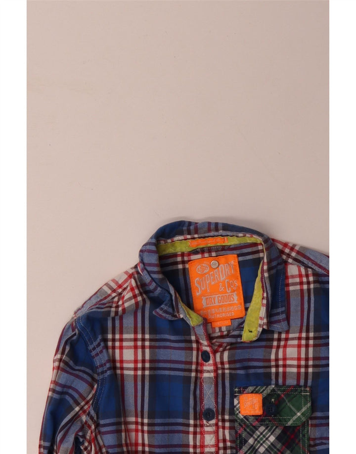 Camisa feminina de flanela SUPERDRY Reino Unido 12 algodão xadrez azul médio