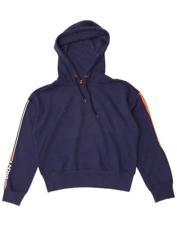 Suéter feminino Dkny com capuz e estampa gráfica UK 14 bloco colorido médio azul marinho