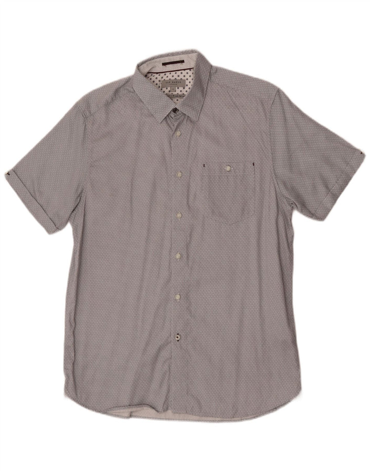 Camisa masculina de manga curta Ted Baker tamanho 4 grande algodão geométrico cinza