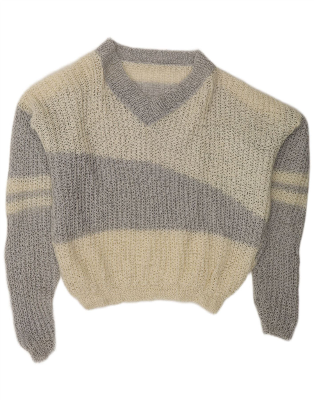 Suéter feminino VINTAGE com decote em V Reino Unido 20 2XL bloco colorido branco