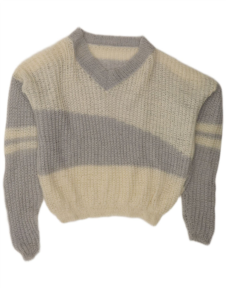 Suéter feminino VINTAGE com decote em V Reino Unido 20 2XL bloco colorido branco