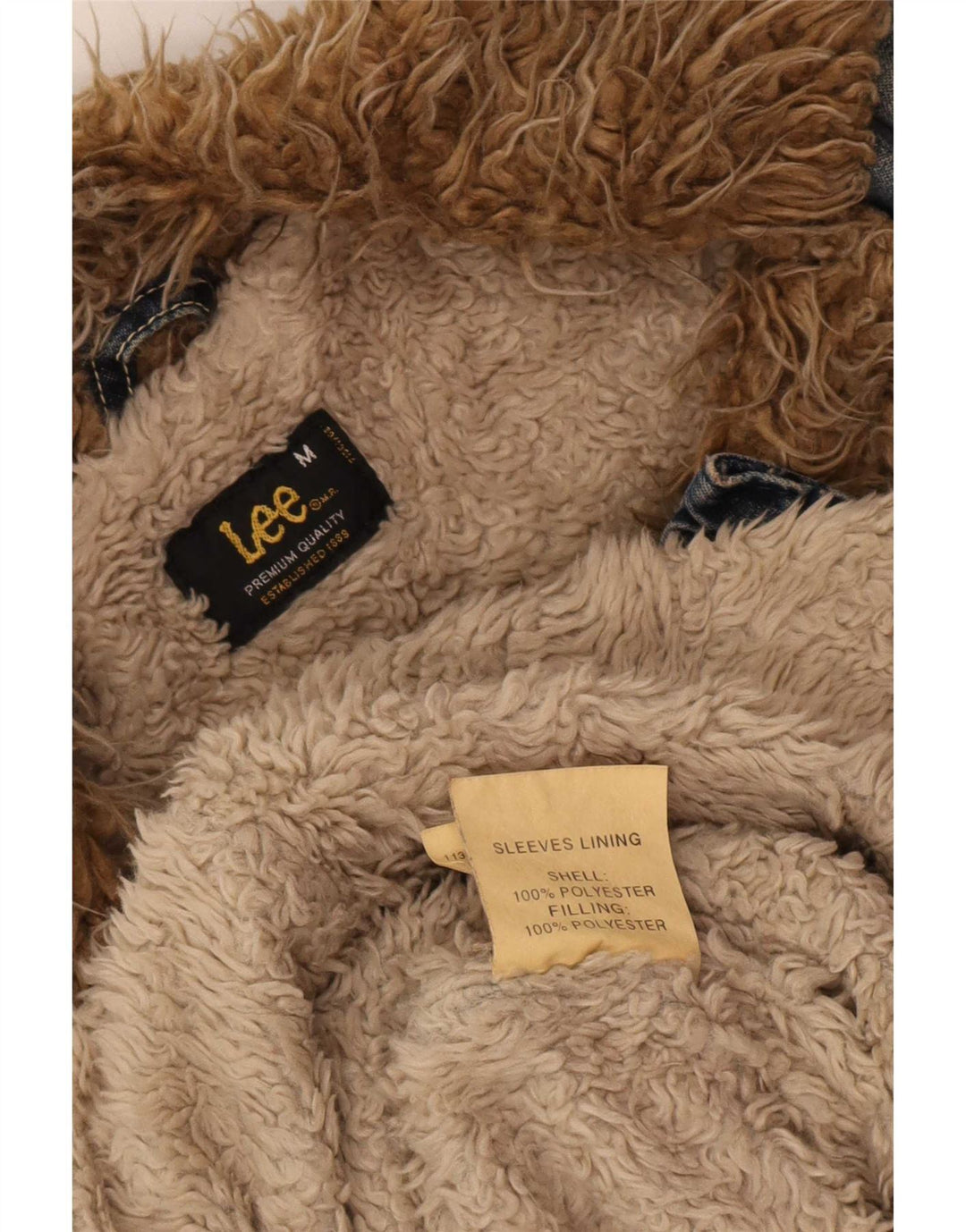 Casaco jeans feminino Sherpa Lee UK 14 poliéster colorblock azul médio