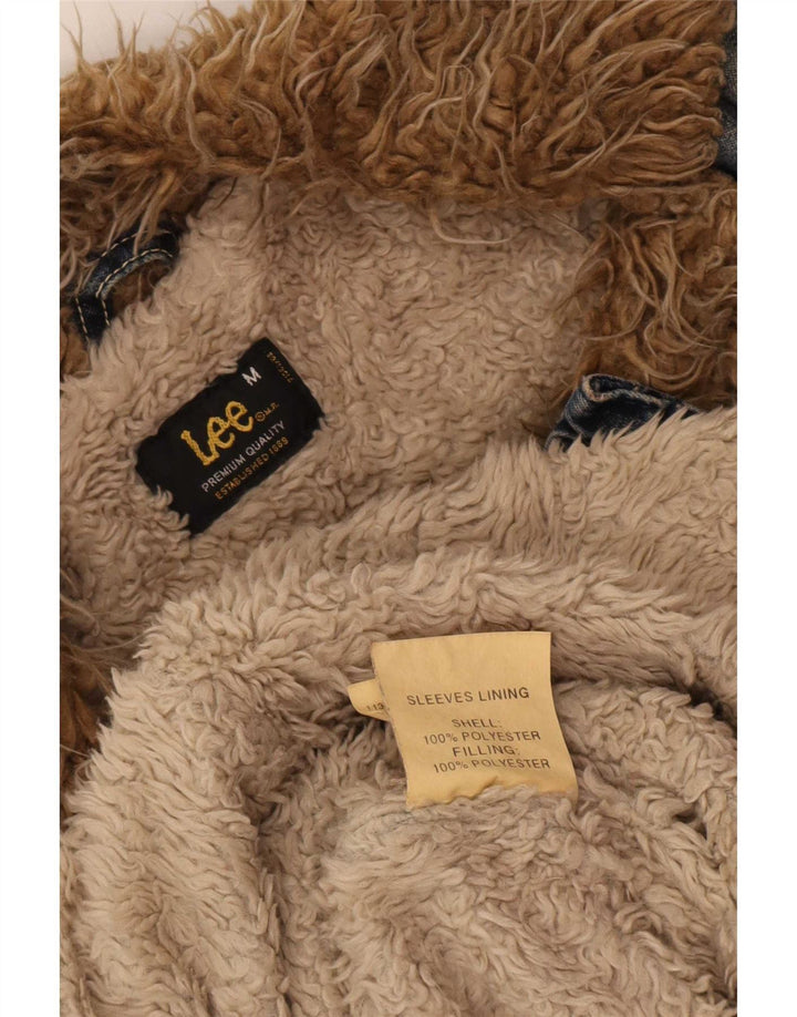 Casaco jeans feminino Sherpa Lee UK 14 poliéster colorblock azul médio