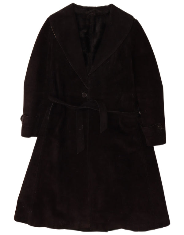 Casaco feminino vintage de shearling UK 10 pequeno couro preto