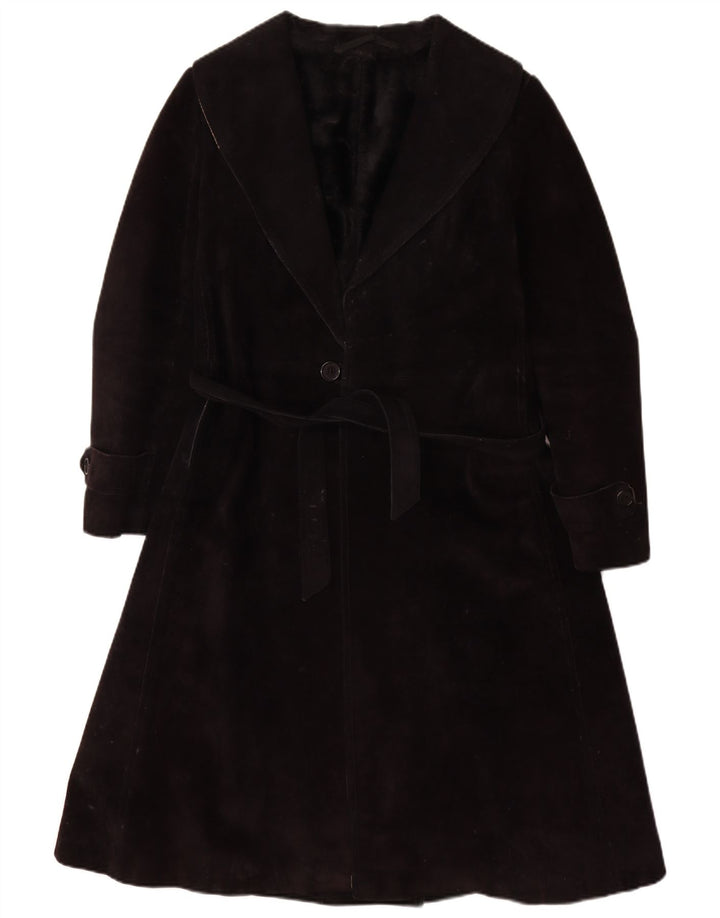 Casaco feminino vintage de shearling UK 10 pequeno couro preto