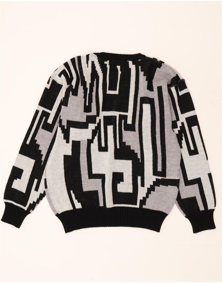 Suéter vintage masculino com gola redonda cinza médio geométrico