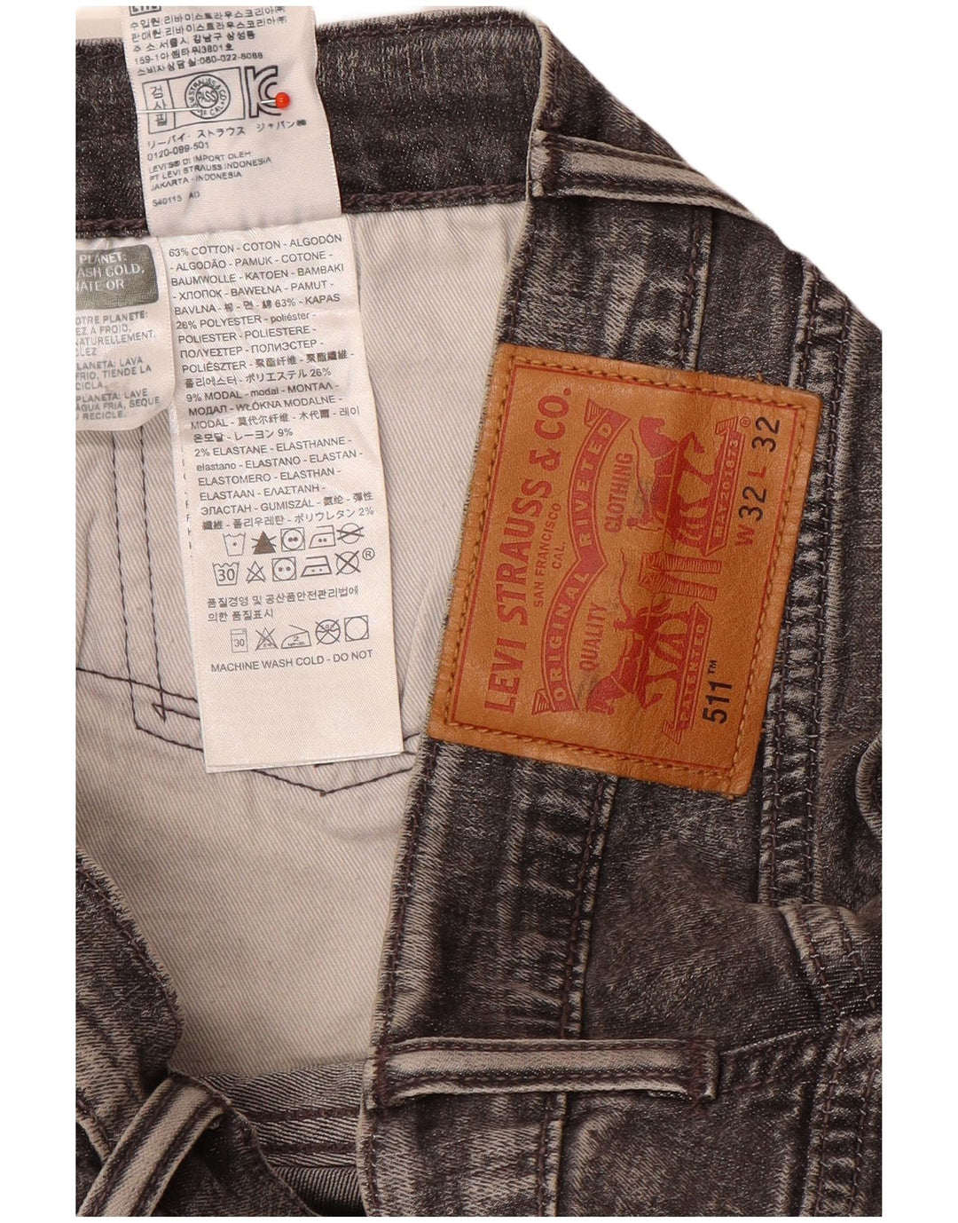 Calça jeans masculina Levi's 511 Slim W32 L32 cinza manchada de algodão