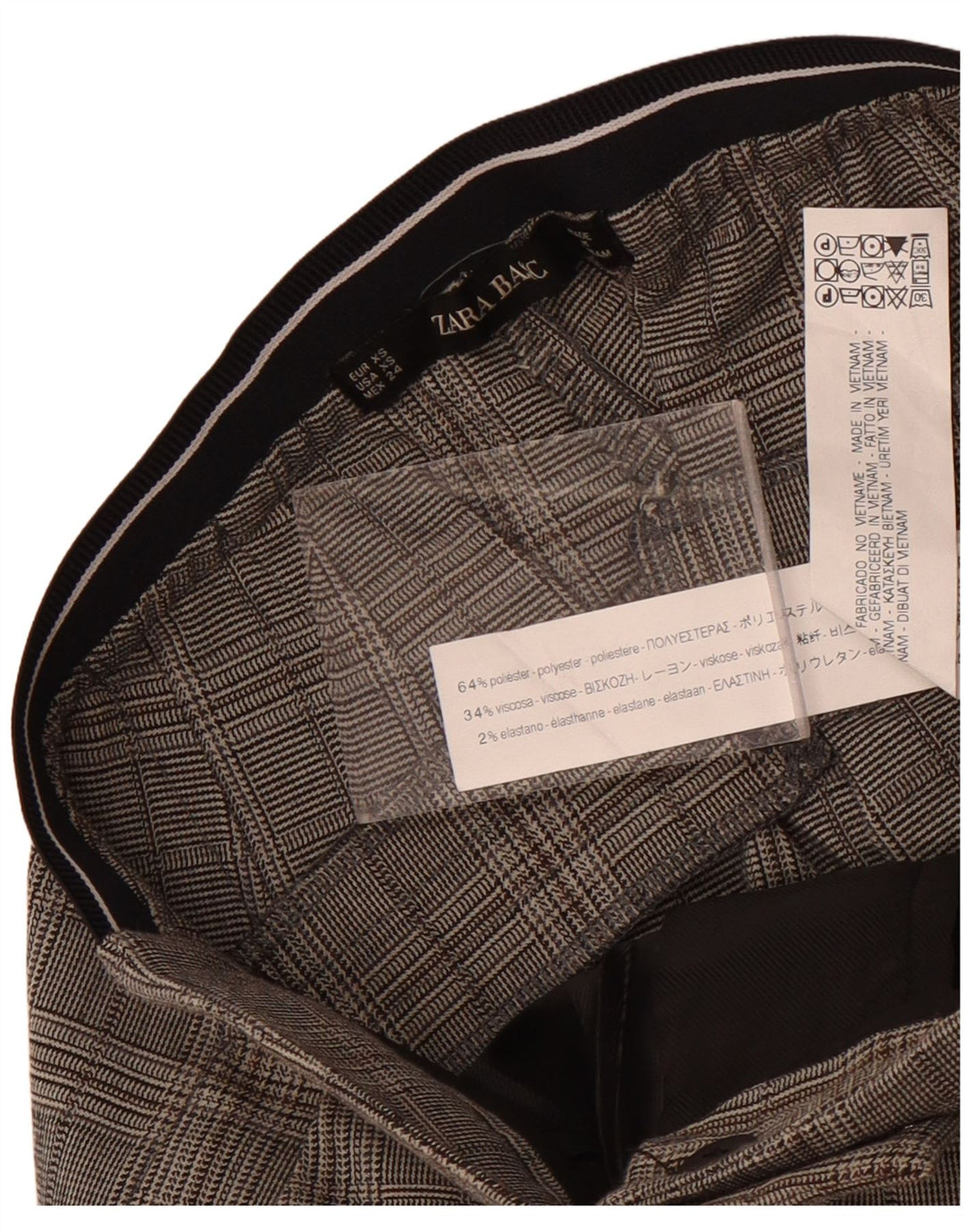 Calça feminina Zara Slim Suit XS W24 L27 cinza xadrez poliéster