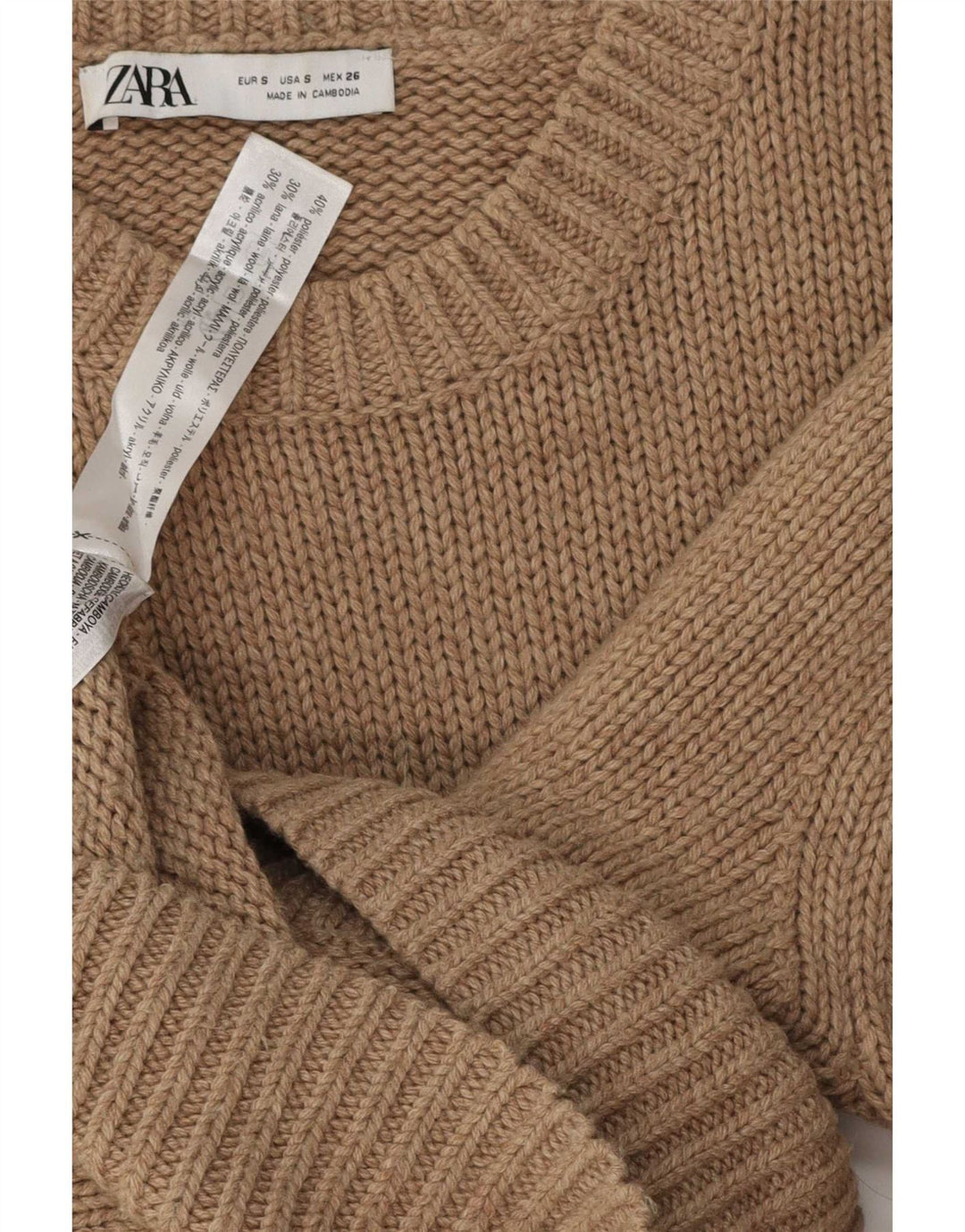Zara Suéter feminino oversized com gola redonda Reino Unido 10 pequeno poliéster marrom