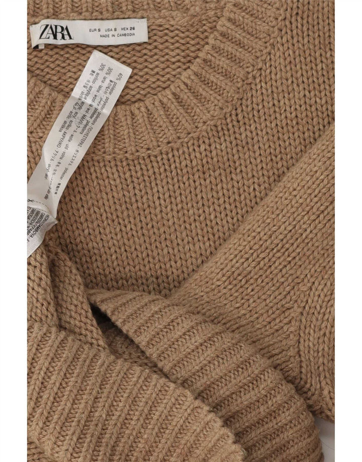 Zara Suéter feminino oversized com gola redonda Reino Unido 10 pequeno poliéster marrom