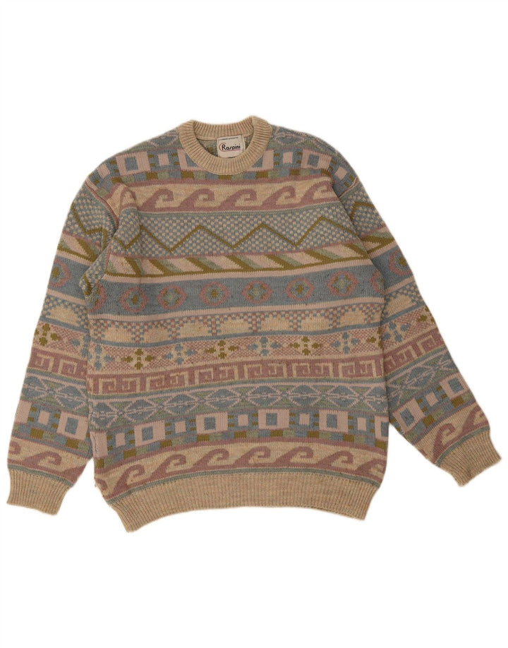 Suéter vintage masculino com gola redonda, grande retrô geométrico multicolorido