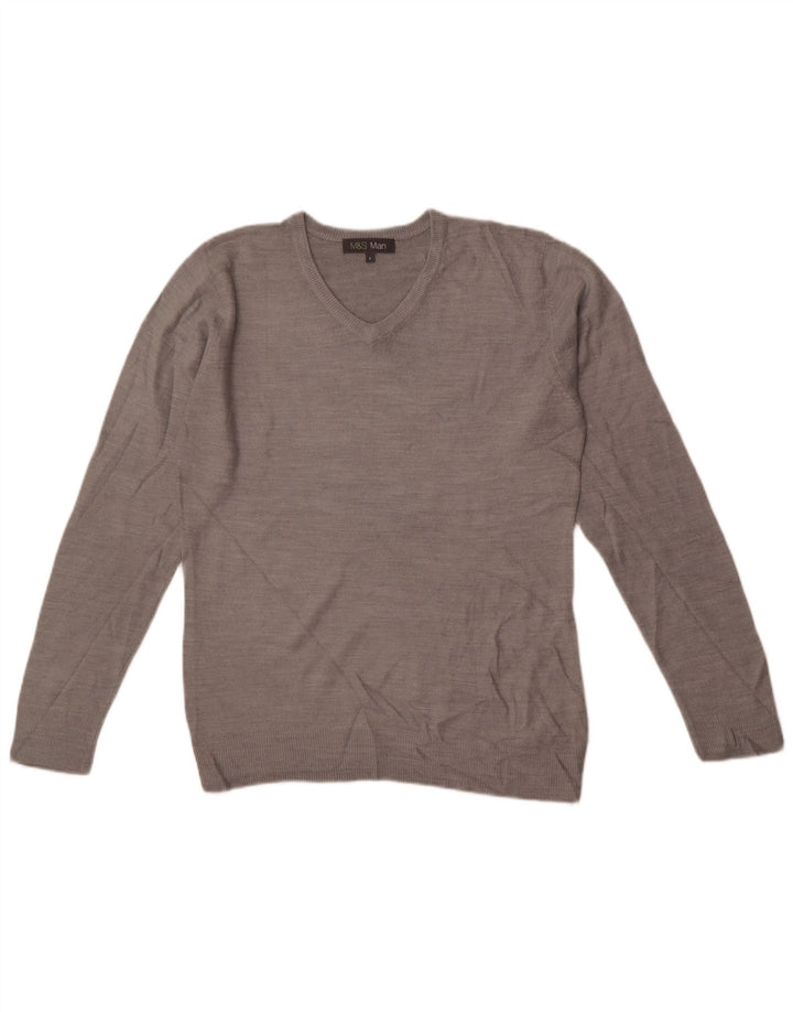 Suéter masculino Marks & Spencer com decote em V pequeno acrílico cinza