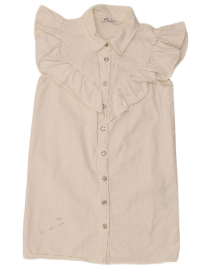 Vestido jeans feminino Zara com babados na frente Reino Unido 12 algodão branco médio
