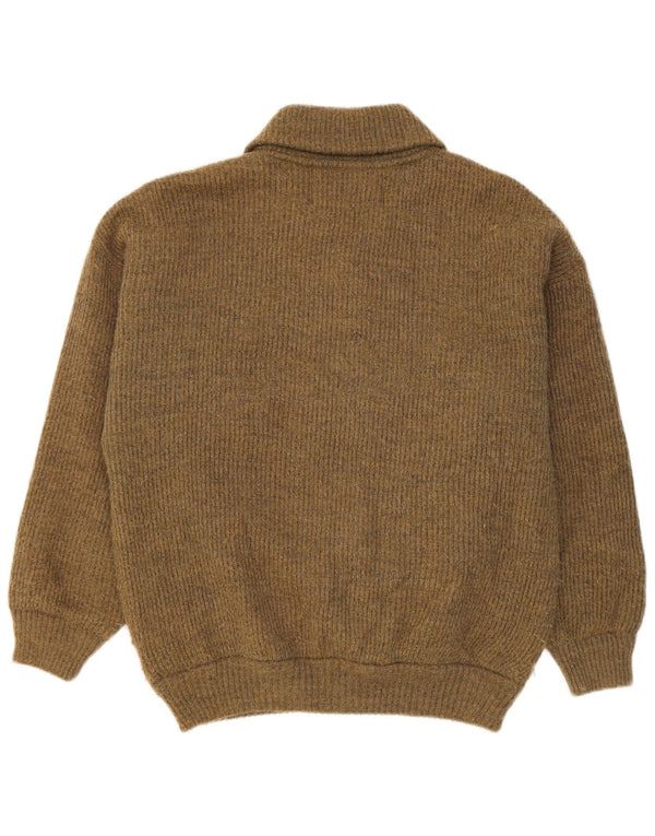 Suéter cardigã masculino vintage de lã geométrica cáqui médio
