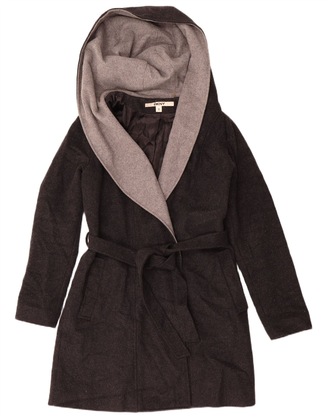 Sobretudo feminino Dkny aberto com capuz US 8 lã cinza médio