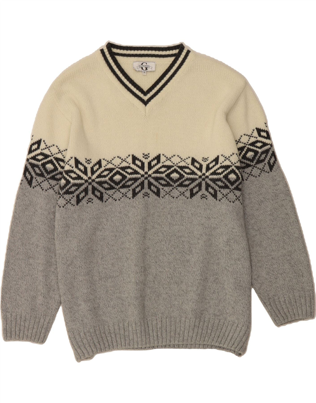 G.PISANO Mens V-Neck Jumper Sweater XL Grey Fair Isle Acrylic Vintage G.Pisano and Second-Hand G.Pisano from Messina Hembry 