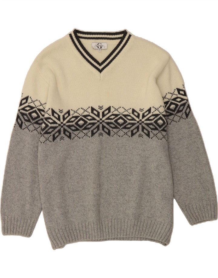 G.PISANO Mens V-Neck Jumper Sweater XL Grey Fair Isle Acrylic Vintage G.Pisano and Second-Hand G.Pisano from Messina Hembry 