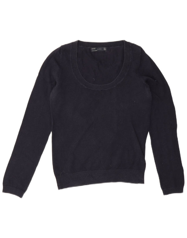Zara Womens Boat Neck Jumper Sweater UK 12 Medium Navy Blue Cotton