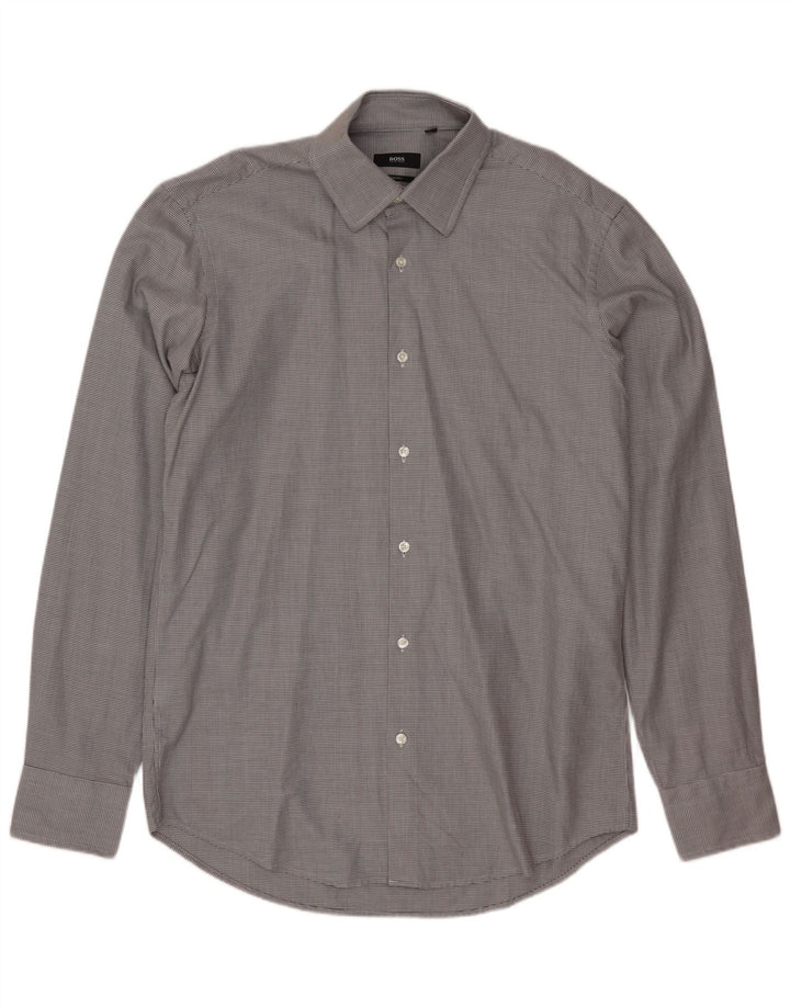 Camisa masculina Hugo Boss tamanho 40 15 3/4 algodão manchado cinza médio