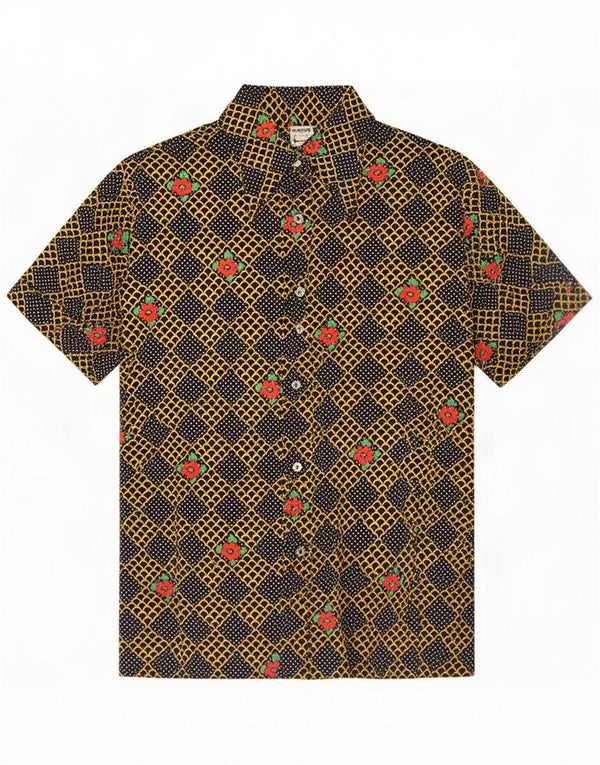 Camisa feminina vintage de manga curta com padrão abstrato IT 50 XL azul marinho retrô