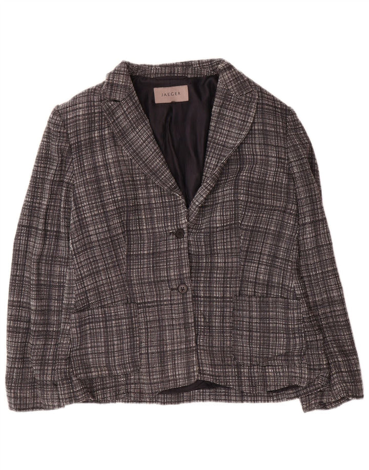 Jaqueta blazer feminina Jaeger com 2 botões Reino Unido 12 lã xadrez cinza médio