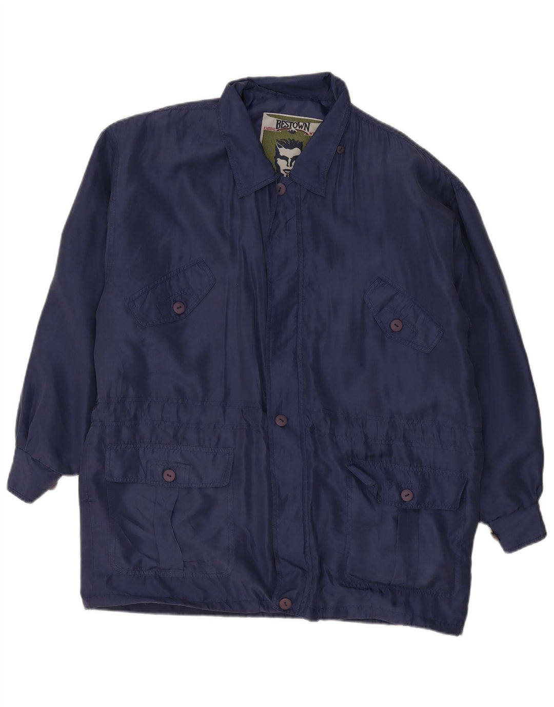 Jaqueta utilitária masculina vintage de ajuste solto Reino Unido 36 seda azul pequena