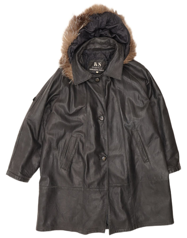 Casaco feminino de couro grande com capuz Kiros IT 48 XL preto